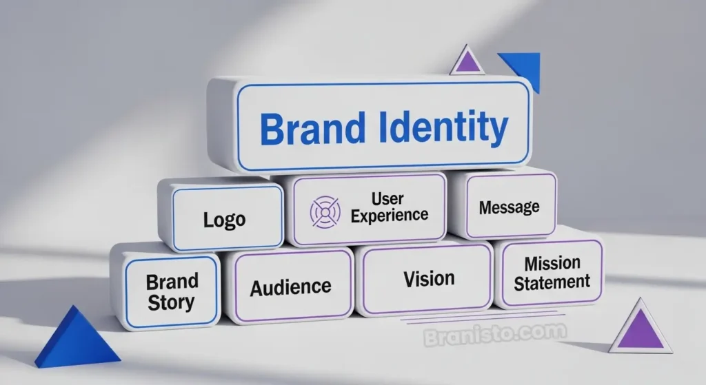 Branisto startup brand building blocks, brand identity, startup branding, key brand elements, building blocks of branding, logo, user experience, brand message, brand tone, target audience, brand story, brand vision, brand mission statement, premium branding, luxury branding, startup success, Branisto branding Premium cinematic illustration of toy-like building blocks forming a structure in Branisto style. Top block labeled “Brand Identity” supported by smaller blocks labeled Logo, User Experience, Message, Tone, Audience, Brand Story, Vision, and Mission Statement. The illustration includes “Branisto” branding as part of the visual, representing key elements of a strong startup brand. brand identity; startup branding; key brand elements; building blocks of branding; logo; user experience; brand message; brand tone; brand audience; brand story; brand vision; brand mission statement; Branisto; Branisto branding; premium branding; startup success; luxury branding