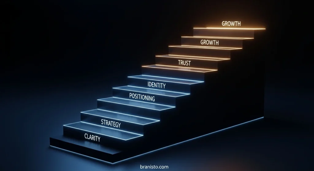 Branisto.com, Branding Cinematic minimalist illustration of a glowing staircase showing startup branding steps: Clarity, Strategy, Identity, Positioning, Trust, and Growth. Luxury brand design in elegant blue, black, and golden highlights. Symbolic visualization of how to build a startup brand, branding staircase illustration, practical steps brand building, and Branisto.com as a trusted branding guide.
