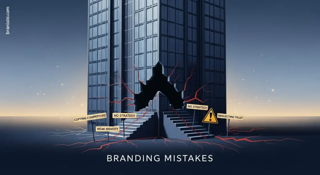 Common Branding Mistakes Startups Should Avoid – Branisto Cinematic minimalist illustration of a fragile skyscraper with cracks in its branding foundation, labeled “Branding Mistakes.” Warning signs on broken steps: Inconsistency; Copying Competitors; No Strategy; Weak Identity; Neglecting Trust. Elegant blue and black color palette with golden highlights for growth. Professional, luxury, empowering design. Startup branding; brand identity; branding mistakes; business growth; startup strategy – branisto.com