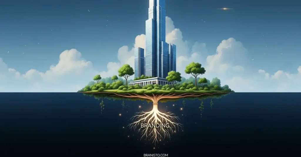 Conclusion Branding as the Green Foundation of Startup Success – Branisto Minimalist cinematic illustration of greenery and strong roots supporting a skyscraper, symbolizing branding as the cornerstone of startup success. Roots labeled “Branding,” with blue, black, green, and golden highlights. Luxury, professional design for startup branding, sustainable growth, brand foundation, and business identity. startup branding; green branding; brand foundation; sustainable startup growth; luxury business success – branisto.com
