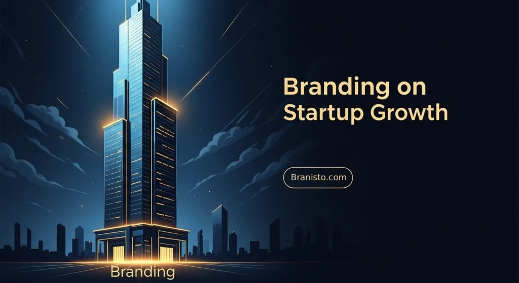 How Branding Fuels Startup Growth _ Branisto Cinematic minimalist illustration of a skyscraper with glowing foundations labeled ‘Branding’, symbolizing startup growth, trust, and strength. Blue and black luxury color palette with golden highlights, featuring branisto.com. The picture is related to the topics: branding illustration; startup growth design; cinematic minimalist artwork; skyscraper branding concept; luxury business branding; modern brand strategy visual; professional business growth image; trust and strength branding; branisto.com branding