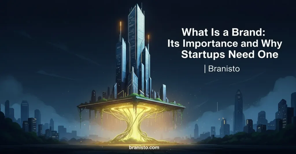 Cinematic minimalist illustration of “What Is a Brand: Its Importance and Why Startups Need One | Branisto.” A futuristic skyscraper supported by glowing green vines and greenery, symbolizing branding as the foundation of startup success. Elegant blue, black, golden, and green color palette with luxury, empowering, and professional design. Tags: branding; startup success; brand importance; why startups need branding; business growth; luxury branding; professional brand identity; Branisto.