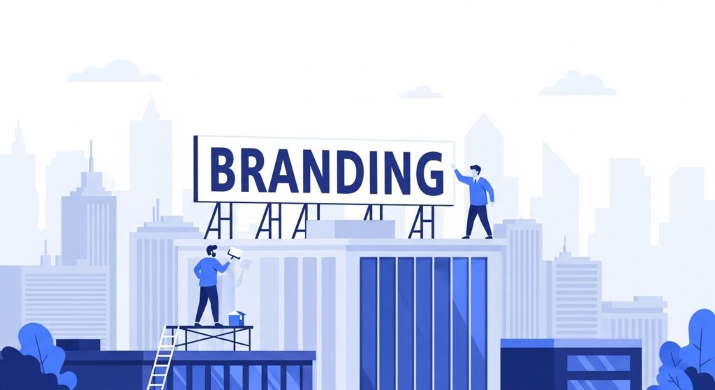 branding illustration, startup branding, importance of branding, branding for startups, business foundation, brand building, company growth, office building illustration, corporate branding design, professional br Flat illustration of two people building a large branding sign on top of an office building, symbolizing the importance of branding for startups, with a city skyline in the background.