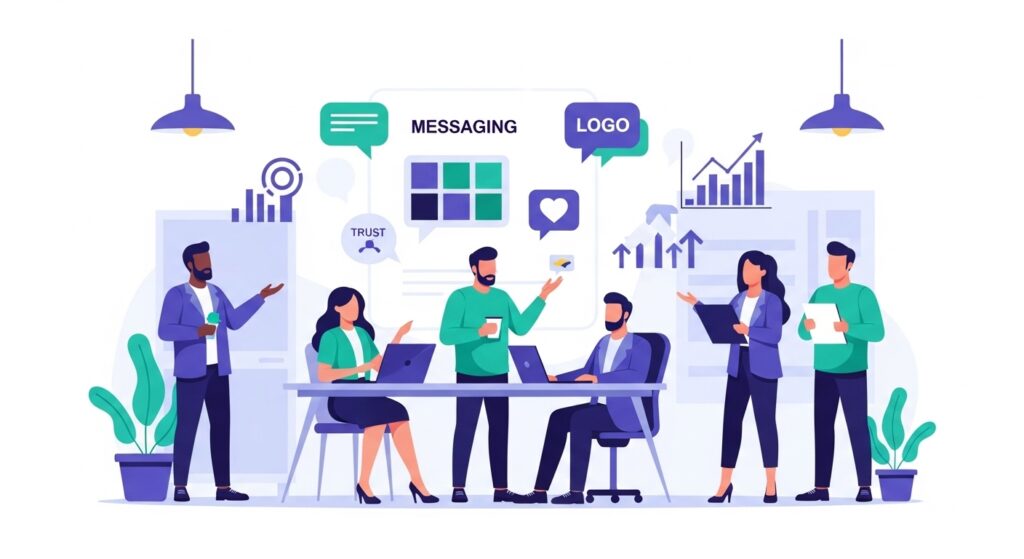 startup-brand-identity-essential-growth-trust-visibility, Illustration of a startup team creating brand identity with logo, color palette, messaging, and trust icons representing essential elements for growth